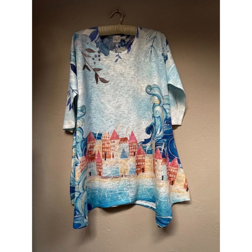 New Et' Lois Women’s Graphic Print Soft Knit Onika Tunic Top Small 3/4 Sleeve